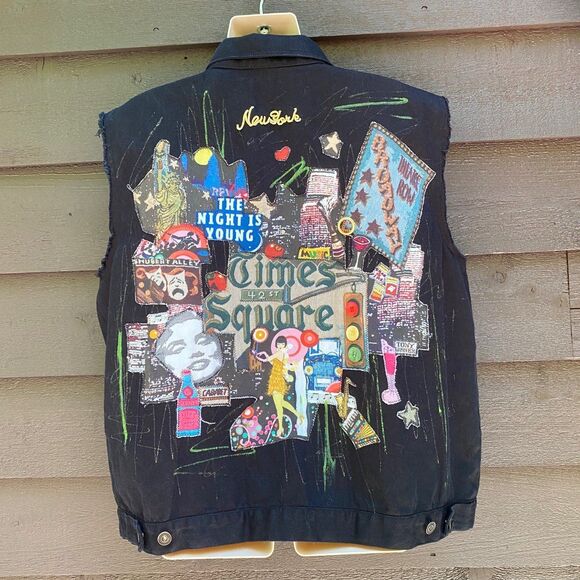 Jane Elissa unique cut off sleeves Patch vest black denim jacket size xl - Picture 2 of 12